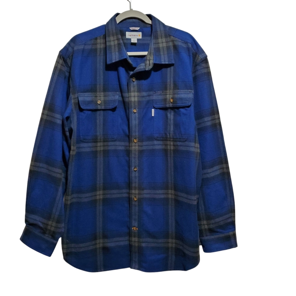 Carhartt Mens Blue Plaid Button-Up Heavy Duty Original Fit Flannel Shirt Size XL